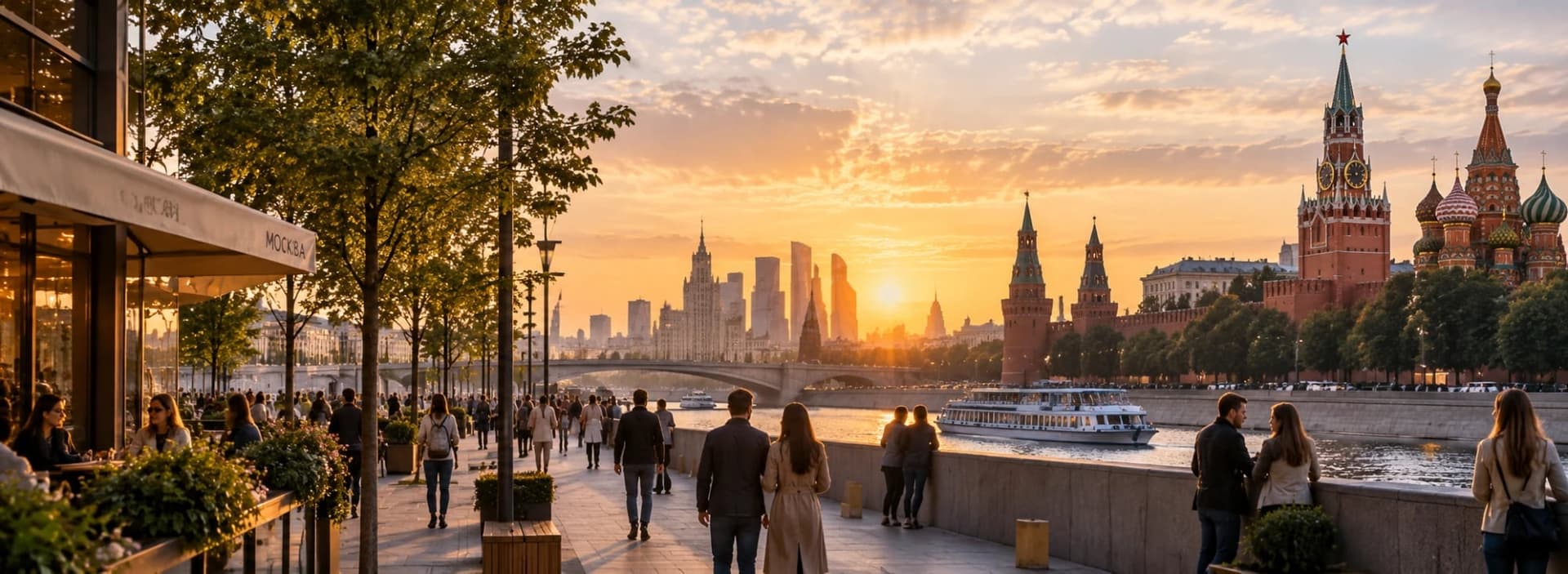 Вечерняя набережная Москвы: люди гуляют у реки, вдали на закате — Кремль и собор Василия Блаженного.
